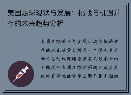 美国足球现状与发展:挑战与机遇并存的未来趋势分析