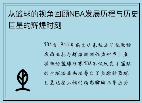 从篮球的视角回顾NBA发展历程与历史巨星的辉煌时刻