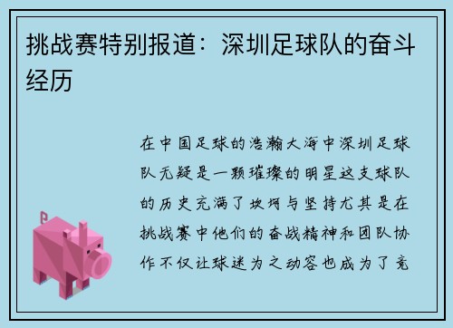 挑战赛特别报道：深圳足球队的奋斗经历