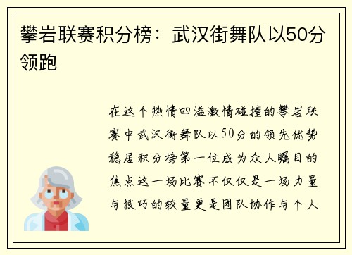 攀岩联赛积分榜:武汉街舞队以50分领跑