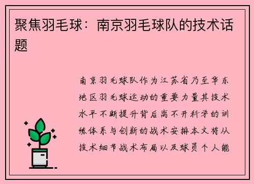 聚焦羽毛球：南京羽毛球队的技术话题