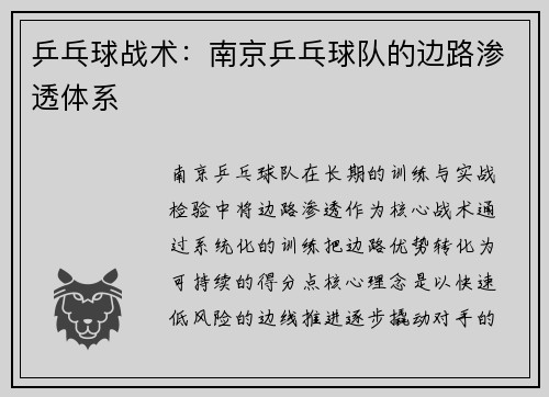 乒乓球战术：南京乒乓球队的边路渗透体系