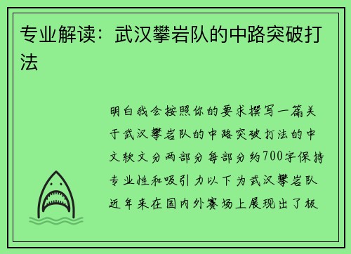 专业解读：武汉攀岩队的中路突破打法