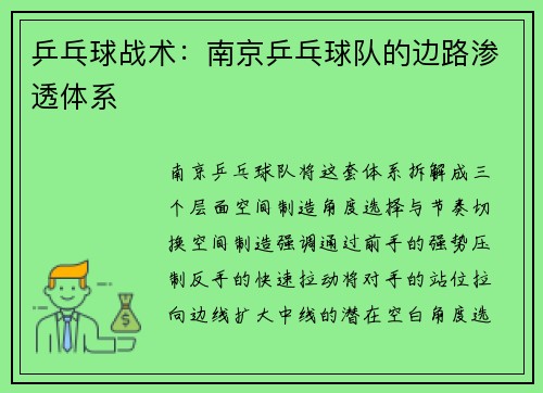 乒乓球战术：南京乒乓球队的边路渗透体系