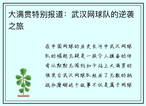 大满贯特别报道:武汉网球队的逆袭之旅
