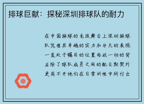 排球巨献:探秘深圳排球队的耐力