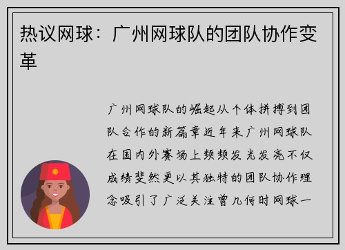 热议网球:广州网球队的团队协作变革