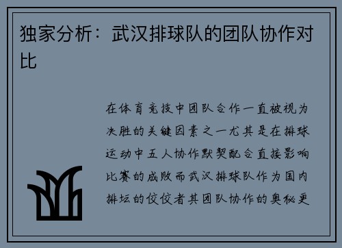 独家分析:武汉排球队的团队协作对比